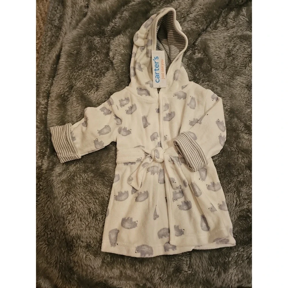 Carter's Baby Bathrobe White Bear Print Size‎ 0-9M- Great Cond.
